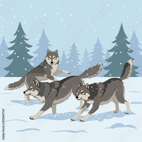 Wolves Moving Through Snowy Forest Under Gentle Falling Snow Animation