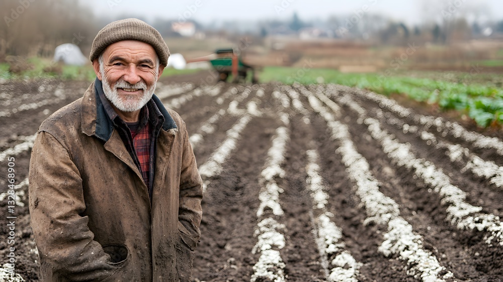 Man standing confidently in a wide open field surrounded by nature under a clear blue sky with horizon view Man standing confidently in a wide open field surrounded by nature under a clear blue sky with horizon view