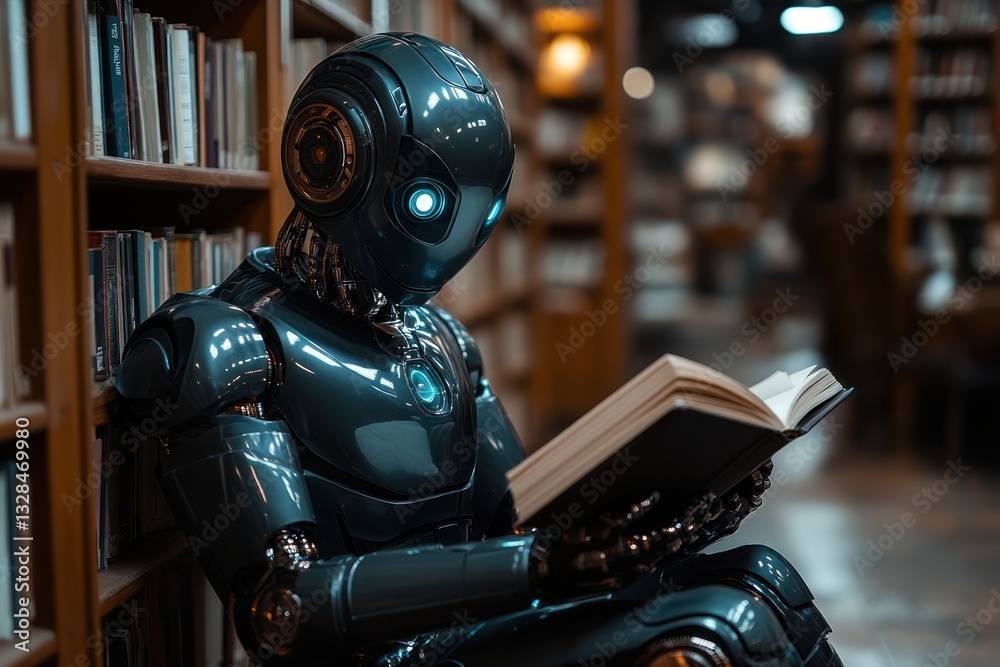 Artificial Intelligence Advancements: Robot Reading Books in Futuristic Library Setting Artificial Intelligence Advancements: Robot Reading Books in Futuristic Library Setting