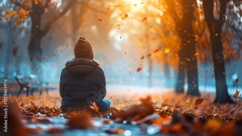 A person sits on a park bench, watching autumn leaves flutter in the air as the golden sunlight illuminates the fall scenery..