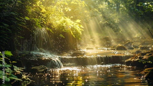 Gentle sunlight illuminates a serene forest waterfall, creating a peaceful atmosphere with shimmering water and lush greenery..