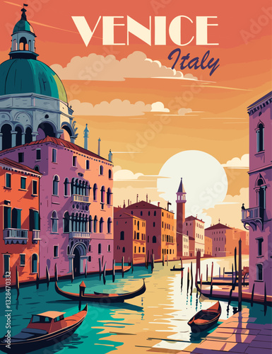 Venice Travel Destination Poster in retro style. Italy landscape digital print. Europe vacation, international holidays, tourism concept. Vintage vector colorful illustration in bright vivid colors.