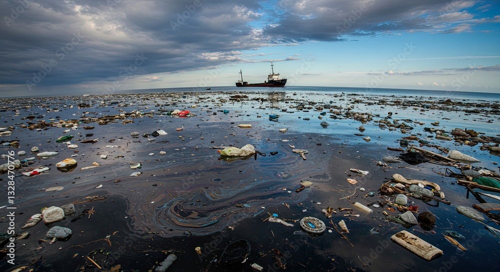Polluted ocean with plastic waste and ship under dramatic sky Polluted ocean with plastic waste and ship under dramatic sky