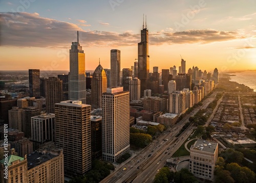 Aerial view of chicago skyline at sunset with iconic skyscrapers and lakefront