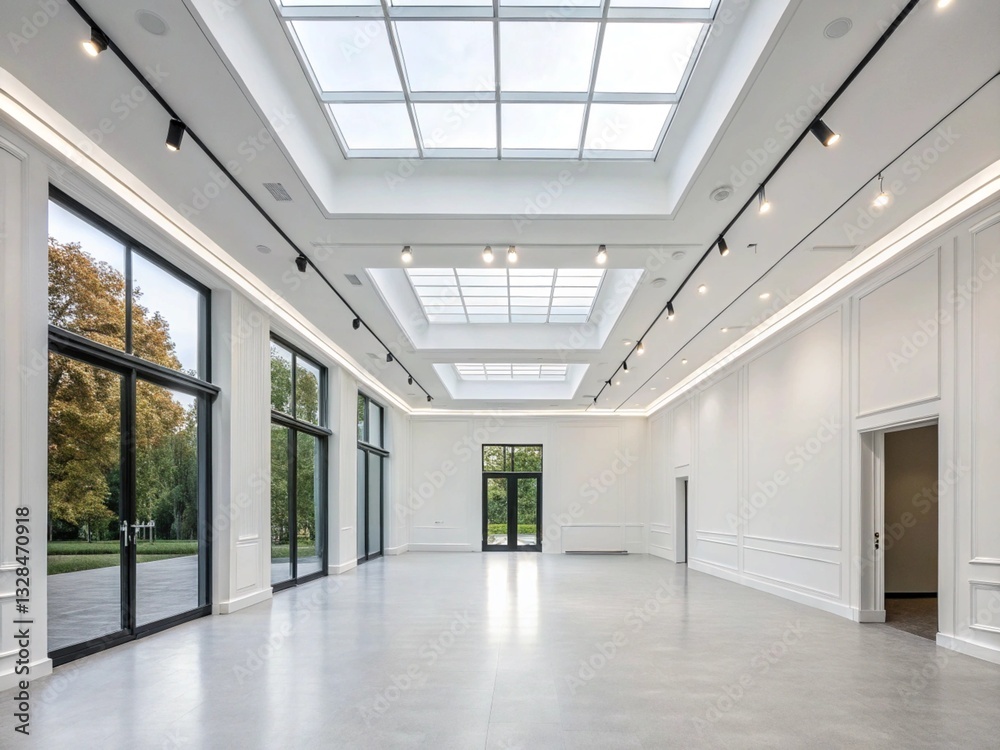 a spacious, modern interior with high ceilings and large windows. The room is predominantly white, featuring elegant wall paneling and sleek flooring a spacious, modern interior with high ceilings and large windows. The room is predominantly white, featuring elegant wall paneling and sleek flooring