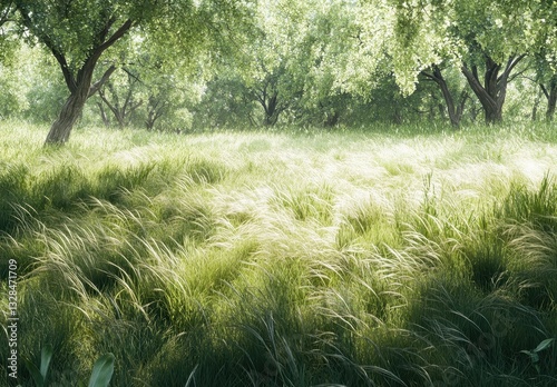 Sunlit Meadow with Lush Green Grass and Leafy Trees Beneath a Clear Sky, Creating a Serene and Picturesque Landscape for Nature Lovers
