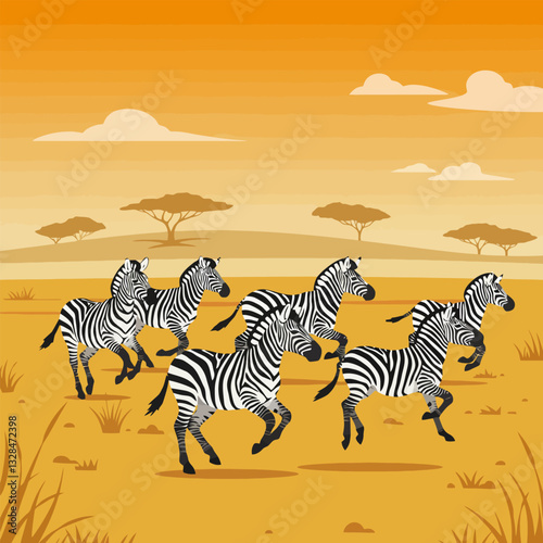 Zebras Running Across Savannah Landscape During Golden Sunset Hour
