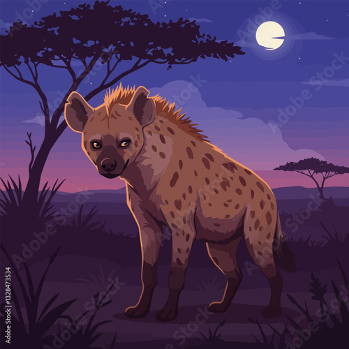 Hyena Standing in Savannah at Night with Full Moon Shining