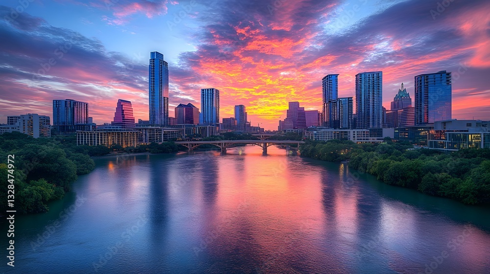 A city skyline is reflected in the water of a river. The sky is a beautiful orange color, creating a warm and peaceful atmosphere A city skyline is reflected in the water of a river. The sky is a beautiful orange color, creating a warm and peaceful atmosphere