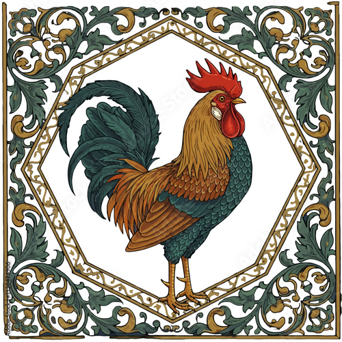 Vintage Rooster with Ornate Floral Frame Design
