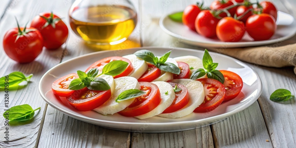 A refreshing plate of creamy mozzarella and ripe tomato slices, garnished with fragrant basil leaves, served alongside a bowl of extra virgin olive oil and a cluster of cherry tomatoes.