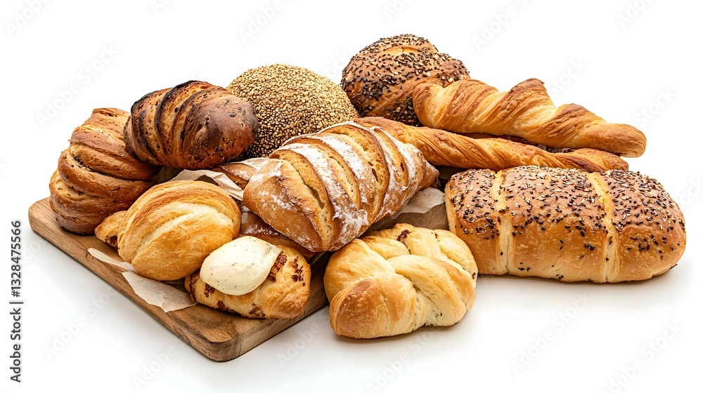bread and pastries on white background