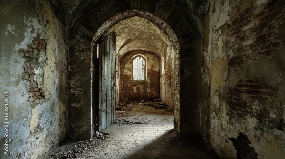Abandoned Building Interior with Archways and Eroding Walls Abandoned Building Interior with Archways and Eroding Walls