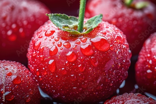 Fresh red cherries glistening with water droplets after recent rain in a garden during summer