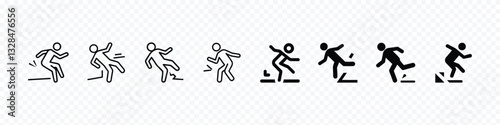 person slippery surface fall accident icon, falling person silhouette icon, slip trip vector icons