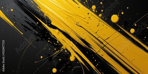 Black and yellow abstract background with brushstroke and halftone style. Dots halftone yellow and black color pattern gradient grunge texture background.