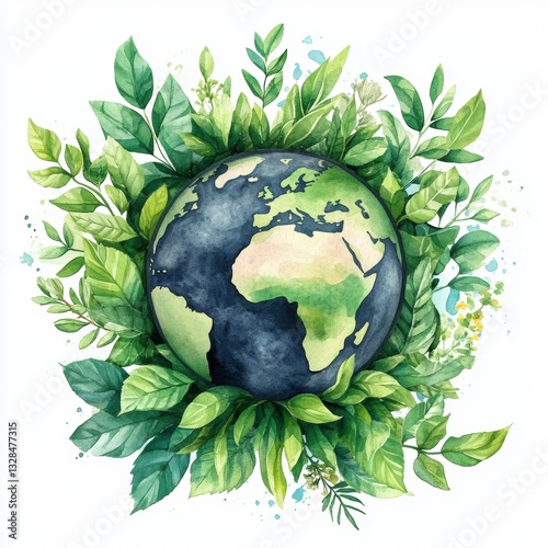 Earth Day concept. Earth surrounded by vibrant green leaves and botanical elements. isolated white background