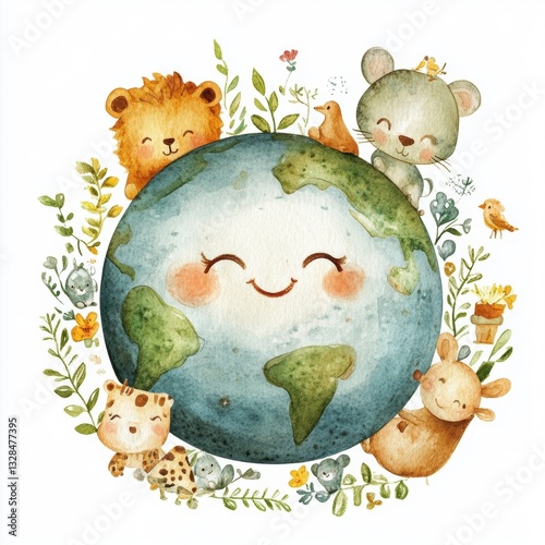 Earth Day concept. Smiling Earth surrounded by cute animals and greenery. isolated white background