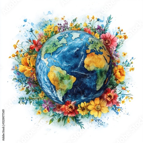 Earth Day concept. Vibrant Earth surrounded by colorful flowers in a watercolor style. isolated white background