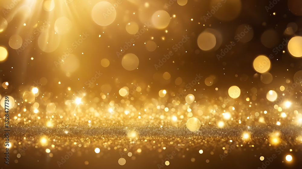 Abstract golden christmas luxurious golden bokeh background with sparkling light effects, resembling shimmering gold dust and soft glowing orbs.