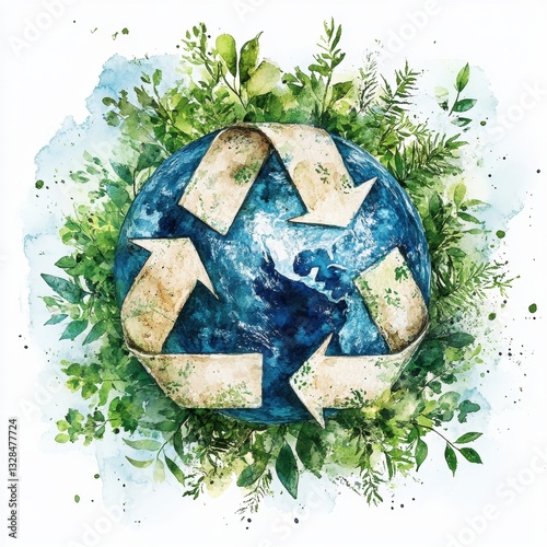 Earth Day concept. Recycled earth surrounded by greenery and arrows. isolated white background