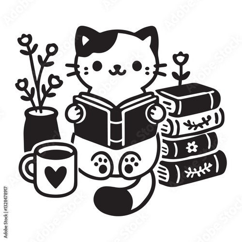 Book with Cat vector illustration, Book Reader clipart design, books and Kitten Art
