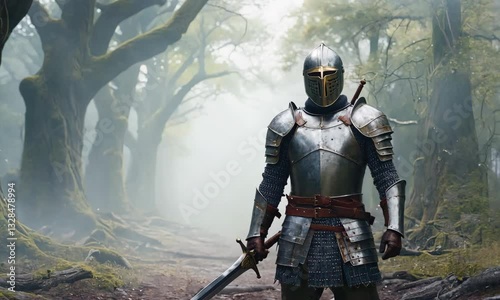 A knight in full steel armor stands motionless in a misty, ancient forest, gripping a large sword, as the camera slowly zooms in, drawing closer to his imposing figure