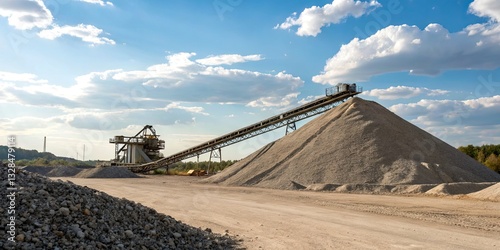 Industrial gravel quarry with large conveyor system against blue sky
