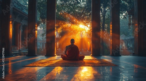 Sunrise Meditation Monk in Ancient Temple Courtyard