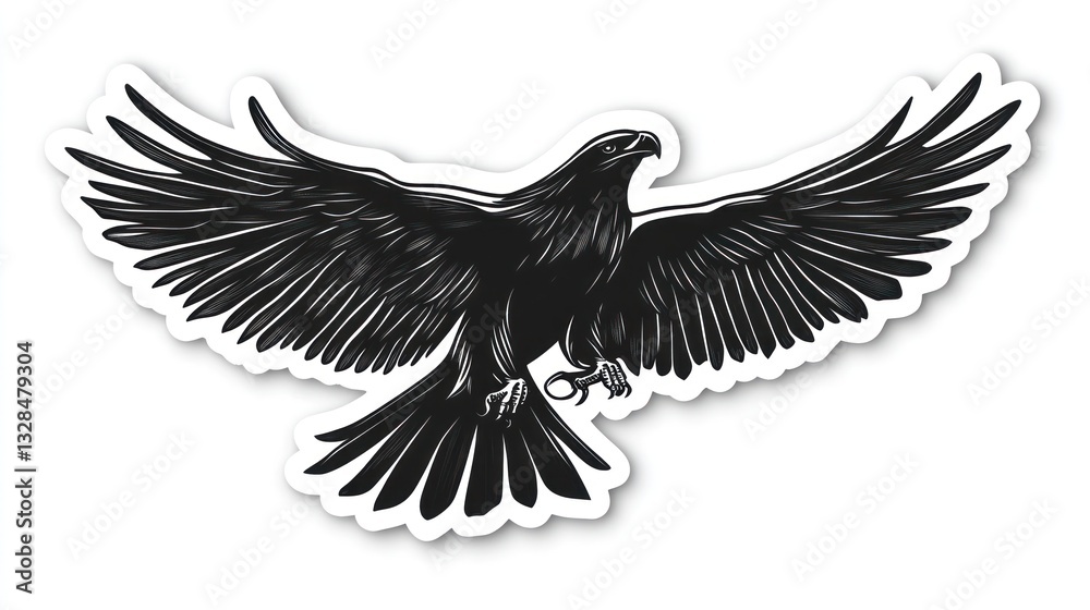 Fototapeta premium Black eagle soaring, wings spread wide, white background, graphic design