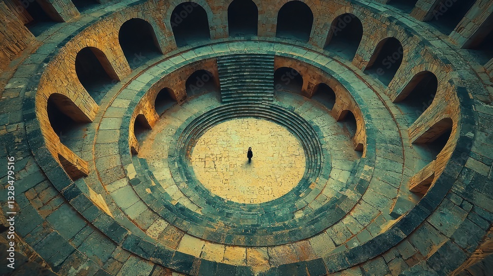 Fototapeta premium Lone figure in ancient circular stone structure