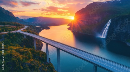 Sunset over fjord, bridge, waterfall, mountains. Travel, tourism