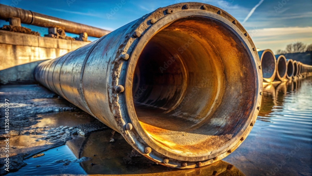 Large Industrial Pipe Near Water with Reflections and Blue Sky Large Industrial Pipe Near Water with Reflections and Blue Sky