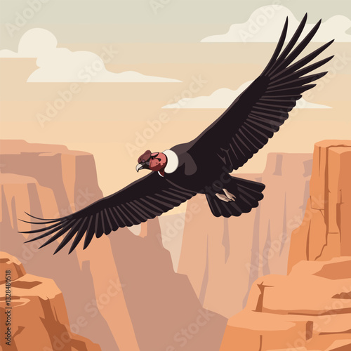 Condor Soaring Over Desert Canyon Landscape with Clouds and Warm Sky