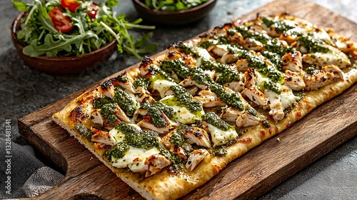Grilled Flatbread with Chicken and Pesto Sauce on Wooden Board photo