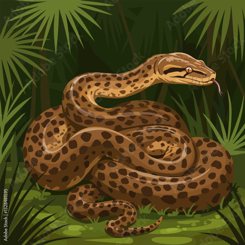 Spotted Snake Coiled in Tropical Forest Illustration with Vibrant Flora