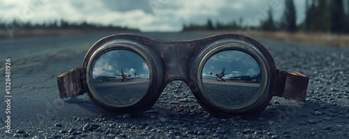 Airfield View Through Aviator Goggles Resting on Gravel Roadside