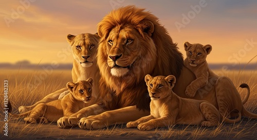 Majestic lion family resting in golden savannah at sunset