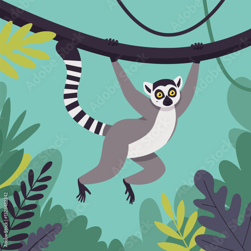 Lemur Hanging From Branch in Jungle Foliage Cartoon Illustration