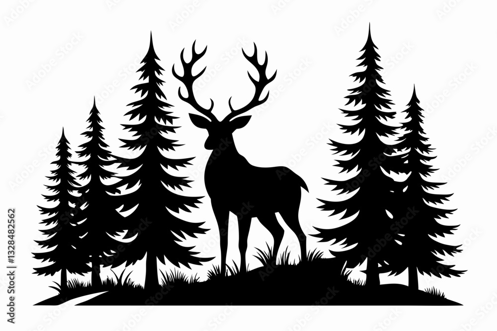 silhouette of a deer with pine trees and forest silhouette of a deer with pine trees and forest