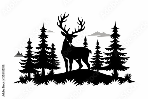 silhouette of a deer with pine trees and forest