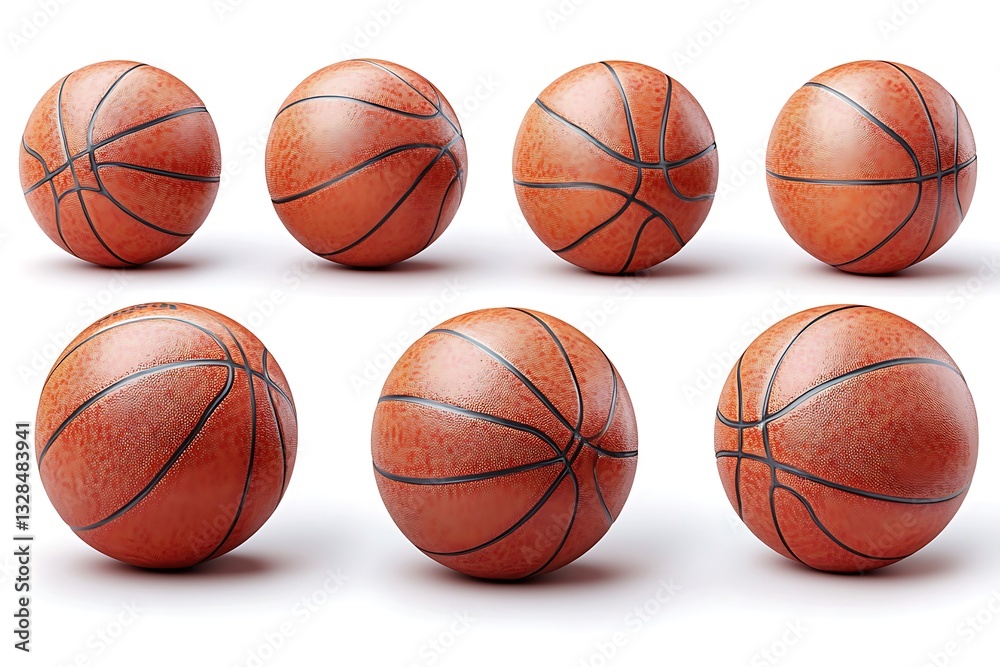 Realistic 3D Render of Six Basketball Balls, Various Angles, Isolated on White Realistic 3D Render of Six Basketball Balls, Various Angles, Isolated on White