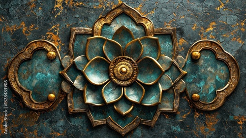 Ornate teal & gold floral metalwork on dark marble