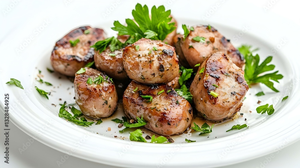 Tasty boiled sausages with parsley on white Tasty boiled sausages with parsley on white
