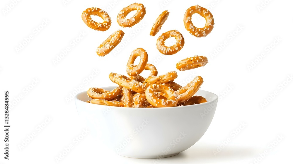 Tasty crispy pretzel crackers falling into bowl