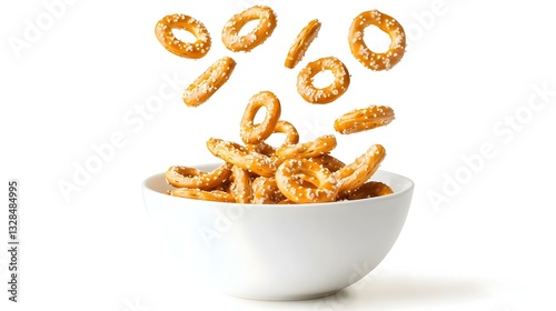 Tasty crispy pretzel crackers falling into bowl