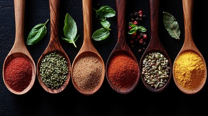 Papier peint photo Cuisine Vibrant Collection of Natural Spices in Wooden Spoons Arrangement  © worapong