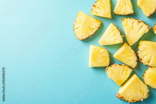 Sliced Pineapple Pieces Arranged Neatly On A Blue Surface