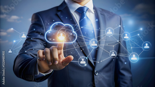 Businessman interacting with cloud computing, cybersecurity, and digital transformation.