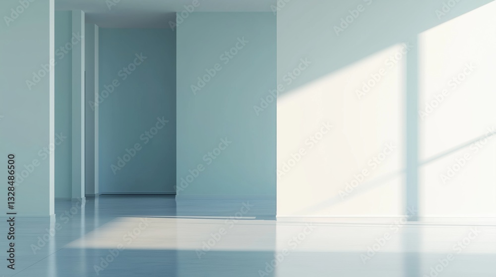 Fototapeta premium A modern, minimalist office interior with a large wall dividing the space from a view of another office area
